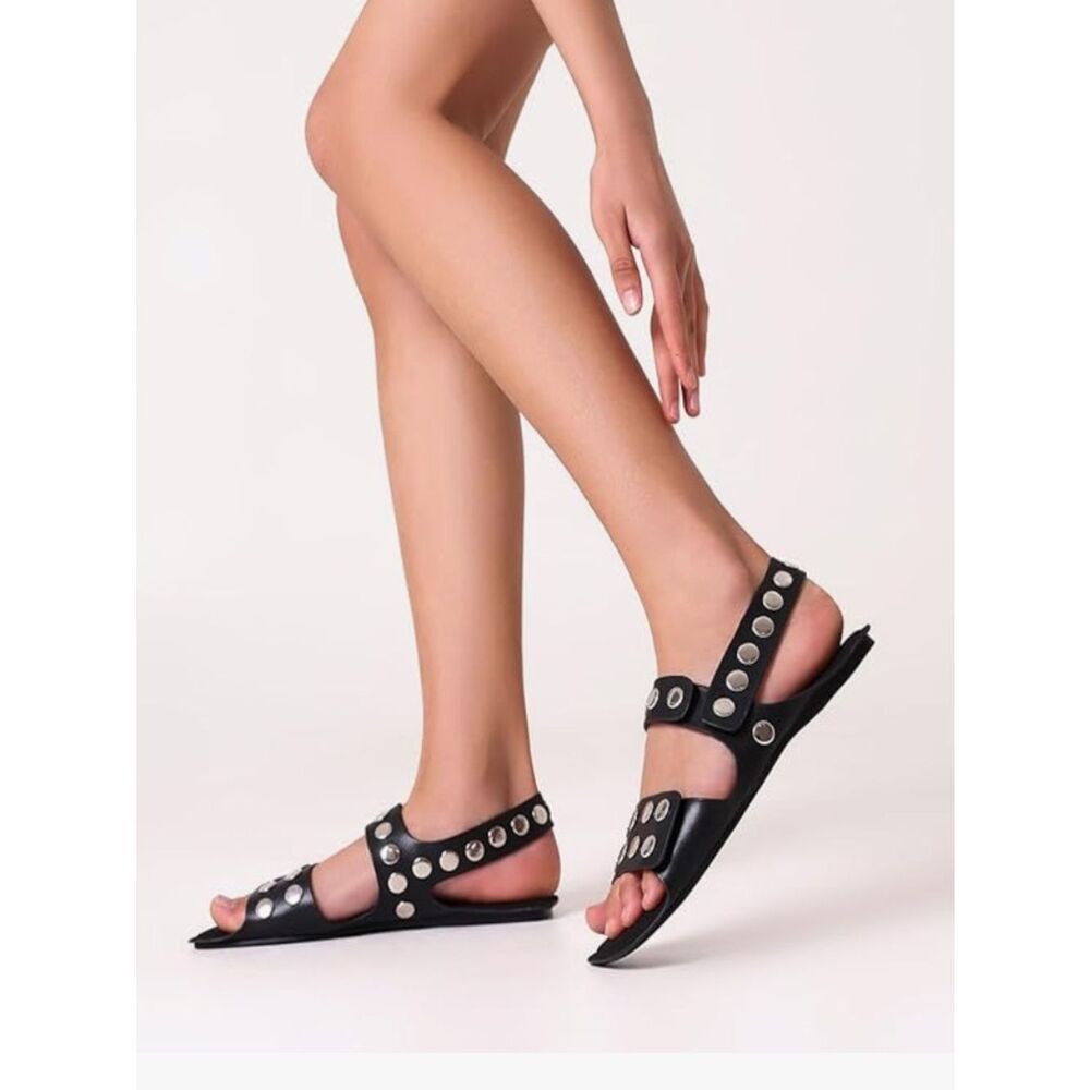 Studded, black adjustable flat sandals